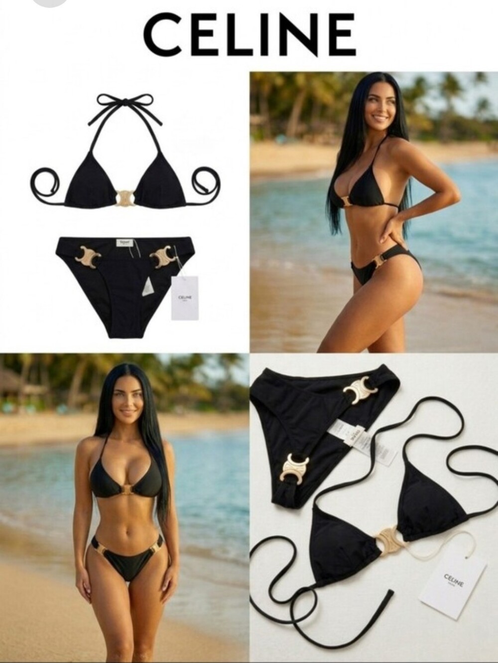 🔥NWT‼️✨CELINE✨Black Bikini with Gold Triomphe Emblem Size Small to Medium Women